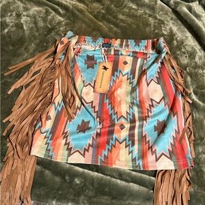 Boho Fringed Aztec Mini Skirt - Multicolor